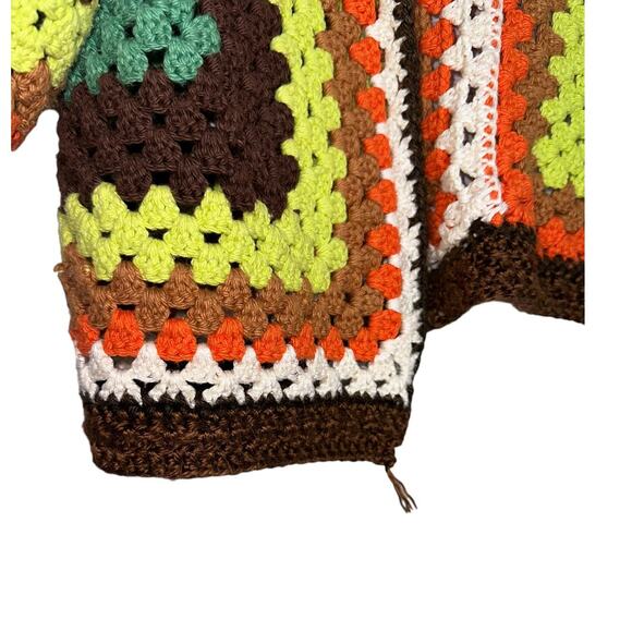 Hand Crochet Hexagon Green Brown 70's Style Crop Cardigan 3/4/ Sleeve Medium - Picture 5 of 9